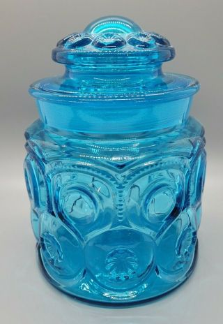 Vintage Blue L E Smith Moon And Stars 6 1/2 " Canister With Lid