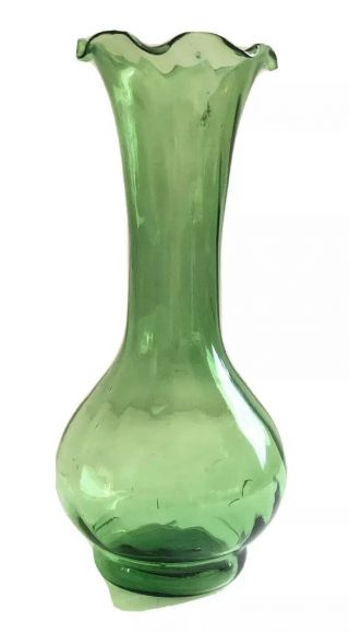 Vintage Green Glass Bud Vase Delicate Ruffled Top 7”tall