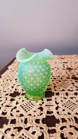 Vintage Mid - Century Fenton Green Opalescent Hobnail Small Vase
