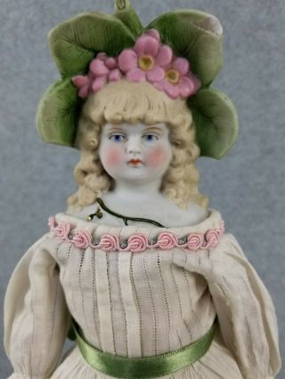 15 " Antique Bisque Head German Fancy Flower Molded Bonnet Doll For Tlc