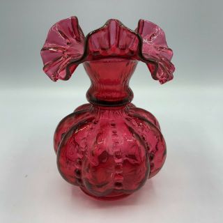 Vintage Fenton Cranberry Beaded Melon Vase W/ Ruffled Euc