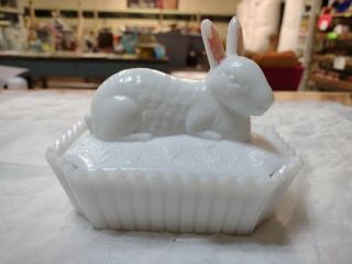 Antique Westmoreland Bunny Rabbit Milk Glass Covered Container No Damage