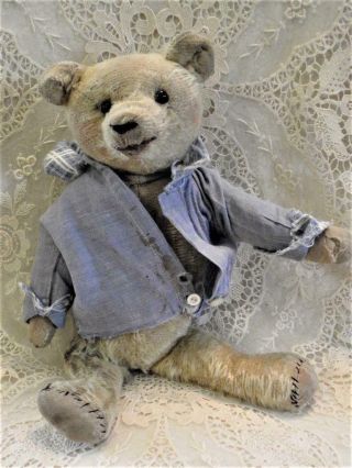 12 " Antique Mohair Jointed Teddy Bear,  Shoe Button Eyes,  Pointed Nose Well Worn