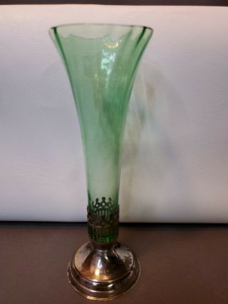 Vintage Green Depression Glass Bud Vase With Metal Holder
