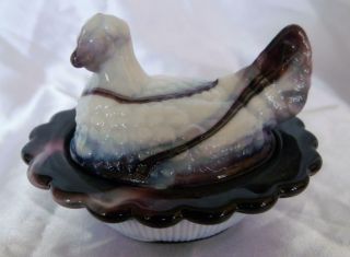 Gorgeous Purple & White Slag Glass Hen On Nest Chick Salt Dish Ring Holder Look