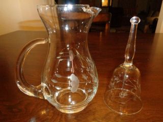 Princess House Heritage Etched Crystal Pitcher 6 - 1/2 " And 4 - 1/2 " Dinner Bell