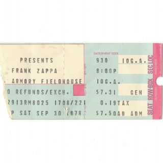Frank Zappa Concert Ticket Stub Cincinnati Ohio 9/30/78 Old Uncle Meathead Rare