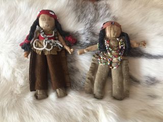 Pair Vintage Antique Native American Corn Husk Dolls With Beaded Outfit