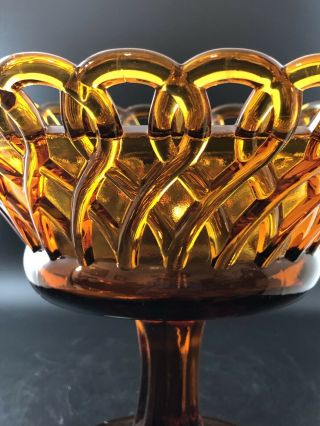 Vintage Pedestal Open Lace Basket Weave Amber Glass Fruit Bowl Large