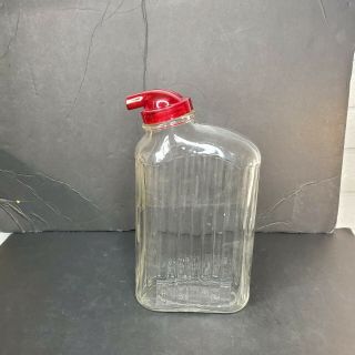 Vtg Anchor Hocking Ribbed Glass Refrigerator Bottle Water Jug Juice Jar Red Lid