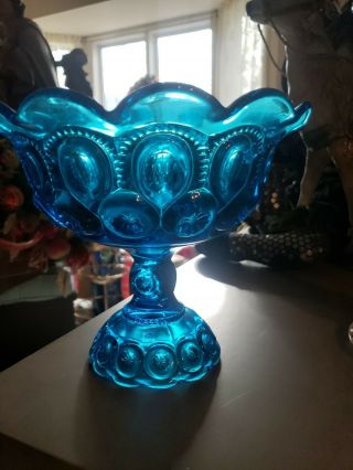 Vintage 7 Inch Le Smith Moon And Stars Blue Glass Compote Footed Dish