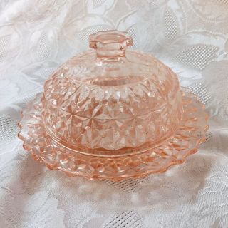 Vintage Pink Depression Glass Covered Butter Jeanette Button And Bows