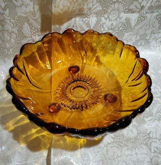 Vintage Amber 3 Footed 11 " Huge Bowl Sunburst Pattern Indiana Glass Heavy Perfec