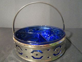 Vintage Cobalt Blue 3 Divided Candy/nut Dish With Metal Handle