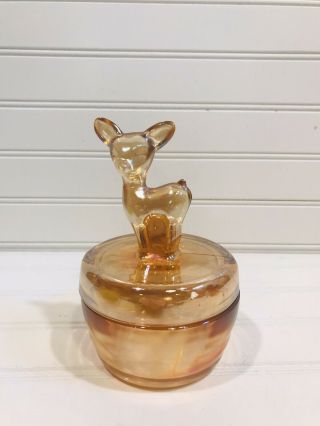 Vintage 1940s Jeanette Marigold Carnival Glass Deer Powder Jar/ Trinket Holder