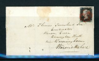 Great Britain Penny Black On Cover 1842 Date Leeds To Warwickshire.  (f520)