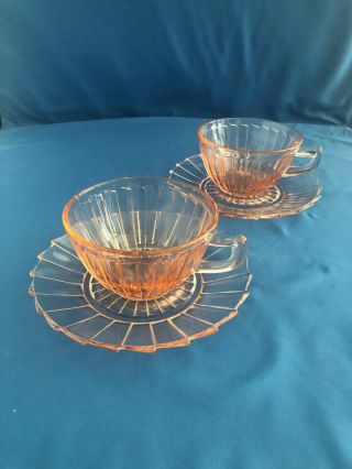 Pair Sierra Pinwheel Depression Glass Pink Cups & Saucers 4p