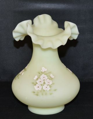 Fenton Custard Glass 7 " Vase - Pink Blossom Pattern -