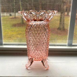 Vintage Imperial Glass Rose Pink Lace Edge 4 - Toed Vase,  743k,  Rare Color