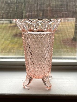 Vintage Imperial Glass Rose Pink Lace Edge 4 - Toed Vase,  743b,  Rare Color