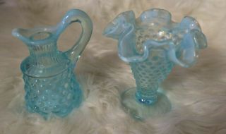 Blue White Opalescent Hobnail Bud Vase And Small Pitcher