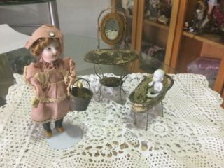 Antique Rare German Bisque Head Doll With Wash Stand & Bath With Baby Ca1890s,