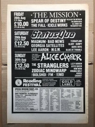 Reading Festival 1987 (a) Status Quo/mission/alice Cooper/stranglers Poster Sized