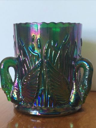 Vintage St.  Clair Carnival Glass Toothpick Holder - Three Swans - Emerald Green