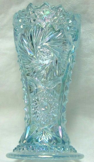 vintage L E SMITH carnival glass ICE BLUE starburst sawtooth iridescent vase 2