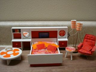 Vintage Lundby Dollhouse Miniatures 6 Piece Bedroom Set With Light