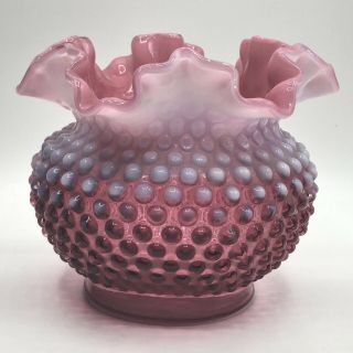 Fenton Glass Company Cranberry Pink Opalescent Hobnail Ruffled Handkerchief Vase