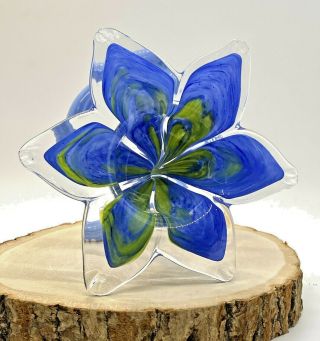 Murano Style Hand Blown Art Glass Flower,  Blue & Green Color 7” Wide