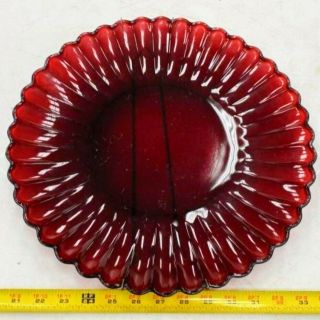 Vintage Deep Ruby Red Glass Large Cake Plate Ribbed Scalloped Rim 14 "