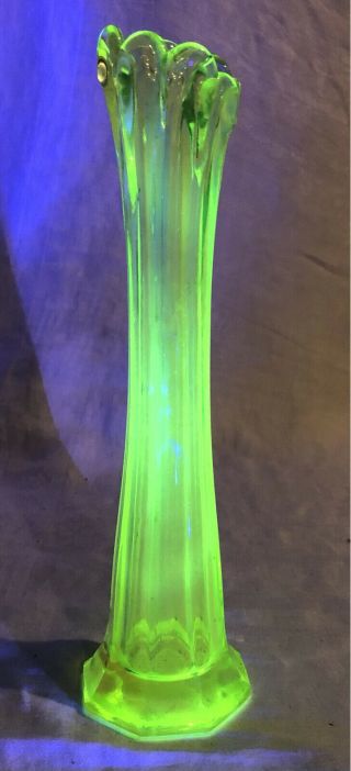 Vintage Vaseline Uranium Glass Yellow Green Swung Style Bud Vase “ - Glows