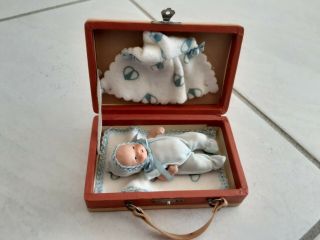 Antique 4 " Jointed Arms & Legs German All Bisque Baby Doll In Travel Suitcase