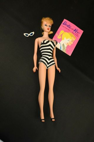 Vintage Early 1960s 4 Ponytail Blond Barbie Doll With Striped Swimsuit