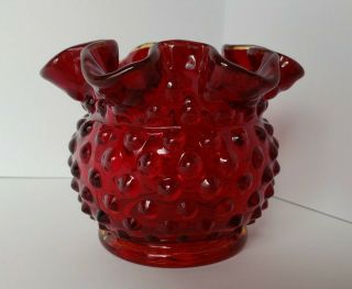 Vtg Authentic Fenton Ruby Red - Amberina Hobnail Glass Ruffled Edge Vase 3x3.  75 "