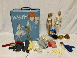 Vintage Barbie And Ken Dolls Mattel Carrying Case 1963 Clothes Accessories Blue