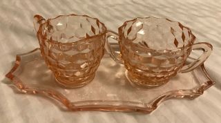 Vintage Jeannette Glass Pink Cubist Cube Creamer Sugar Set With Tray