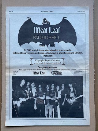 Meat Loaf Bat Out Of Hell (c) Poster Sized Music Press Advert From 1978