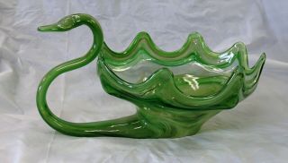 Vintage Murano Style Art Glass Hand Made 12 1/2 " Green Swan Center Piece Bowl