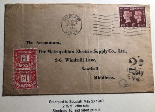 1940 Southport England Commercial Postage Due Cover To Southall