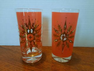 2 Vintage Helen Conroy Mid - Century Rare Color Coral Snowflakes Highball Glasses