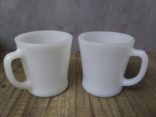 2 Vintage White Milk Glass Anchor Hocking Fire King D Handle Coffee Cups Mugs