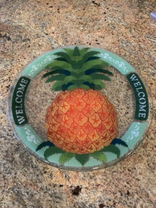 Peggy Carr Fused Glass 11” Pineapple Welcome Plate Signed