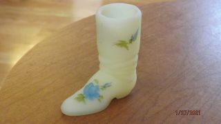 Fenton Custard Vaseline Glass Hand Painted Shoe / Boot W/ Blue Roses