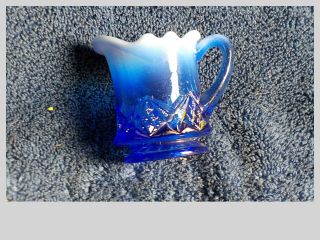 VINTAGE Blue OPALESCENT DIAMOND SPEARHEAD PATTERN SMALL CREAMER 3 