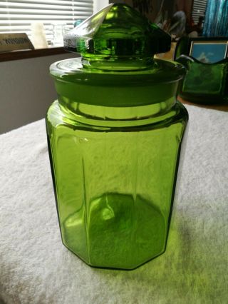 Vtg Mid - Century L.  E.  Smith Apple Green Paneled Glass Canister Jar Ground Lip Lid