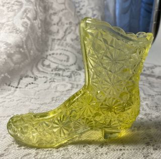 Vintage Fenton Art Glass Daisy And Button Yellow Vaseline Boot Shoe Slipper