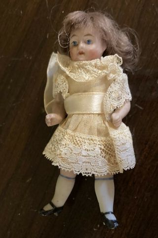 Antique German Miniuature Bisque Dollhouse Doll 3 1/2” Tall Brunette Hair 2